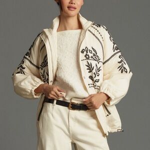 Anthropologie Cream Embroidered Puffer Jacket | Size Small
